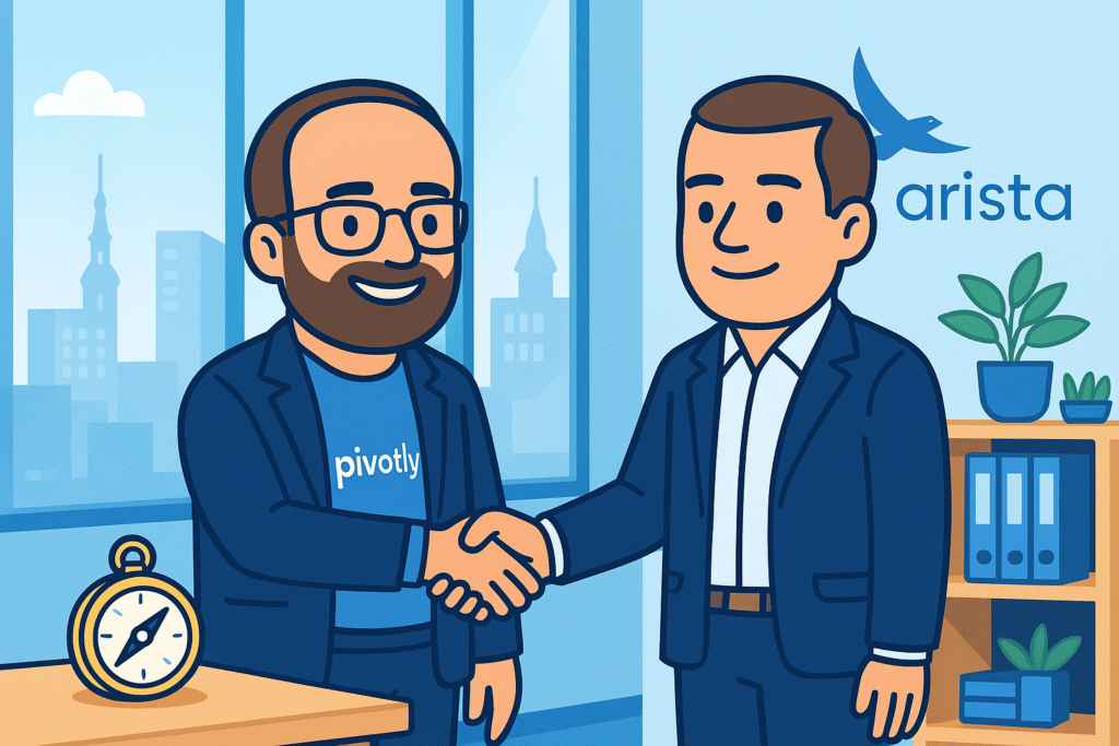 Argo Teetlaus shaking hands with Roland Luik from Arista Executive Search in a modern Tallinn office — representing the new partnership between Pivotly and Arista.