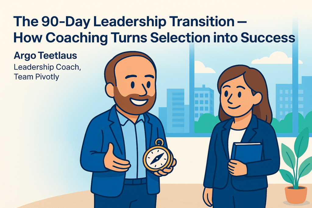 Leadership coach guiding a new executive through the first 90 days of onboarding success — Team Pivotly × Arista collaboration.