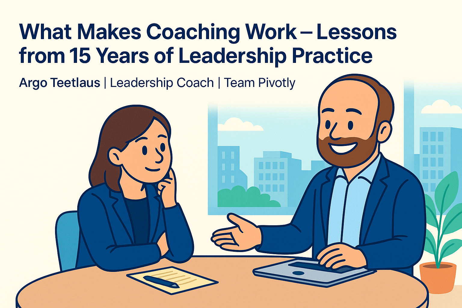 Illustration of leadership coach Argo Teetlaus in conversation with a leader — symbolizing how trust, reflection, and accountability make coaching effective. Team Pivotly × Arista collaboration