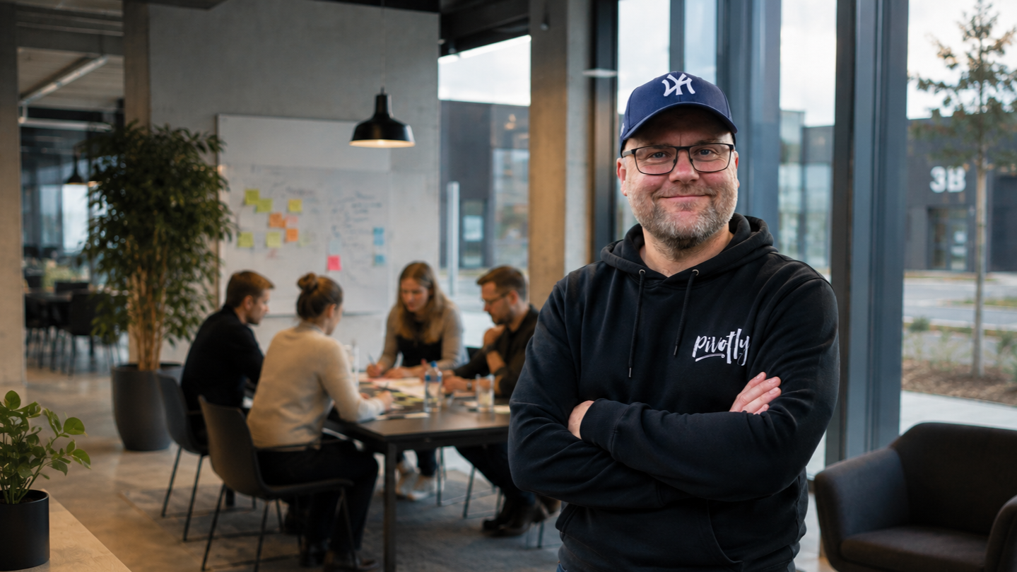 Argo Teetlaus meeskonnakoolituste keskkonnas, taustal meeskond koos töötamas