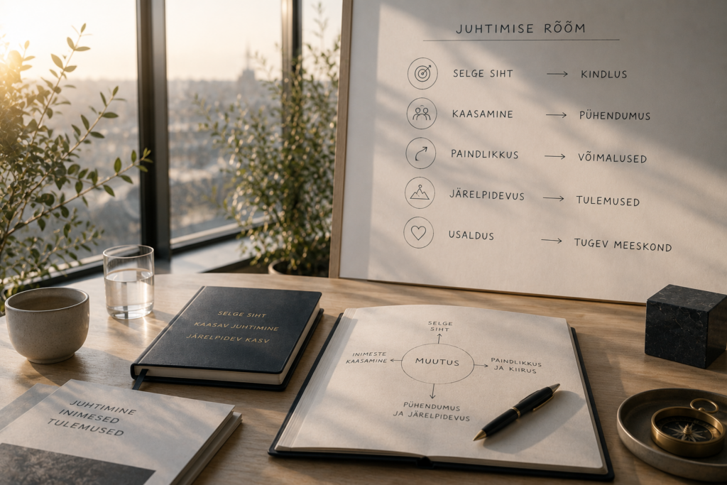 Open notebook on a table visualizing the principles of joyful leadership: clear direction, involvement, flexibility, consistency and trust