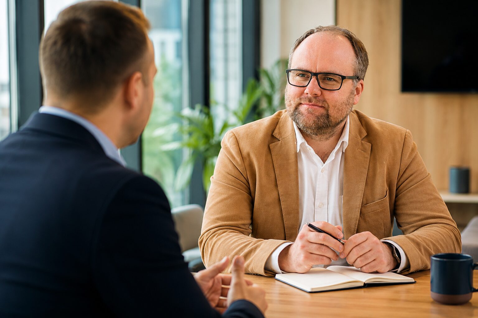 Juhtimiscoaching vestlus - juht ja coach arutamas olukorda kontoris
