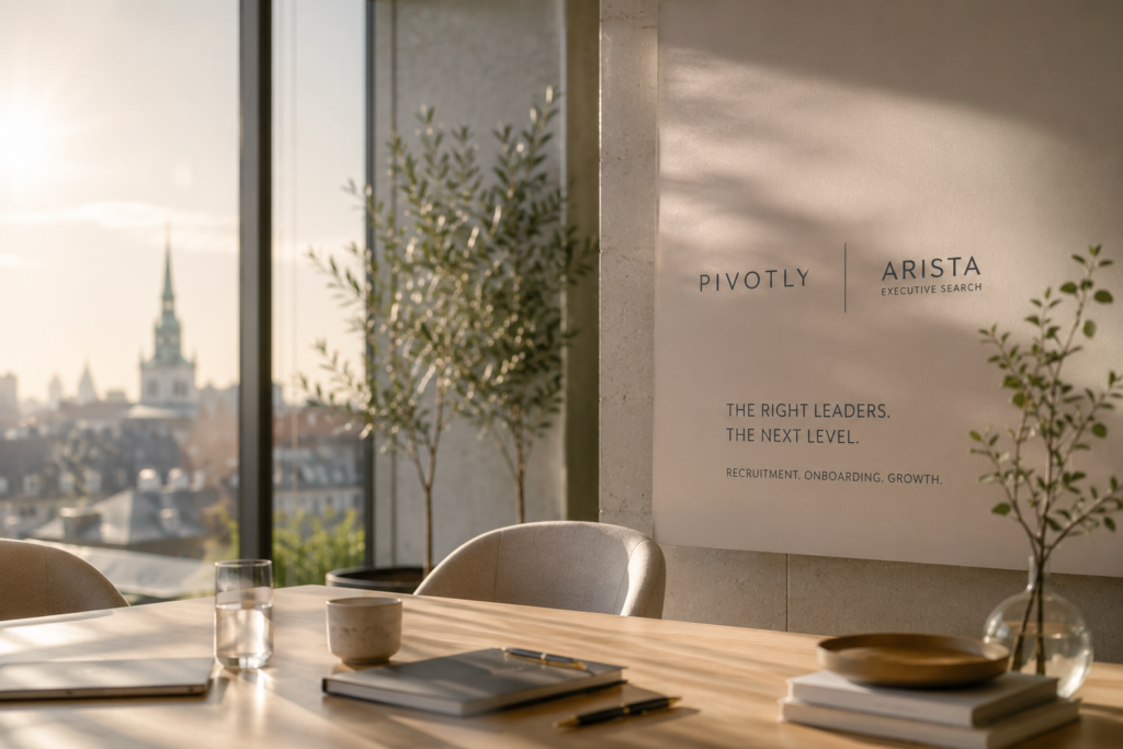 Pivotly ja Arista Executive Searchi koostööd tutvustav silt konverentsiruumis: "The right leaders, the next level"