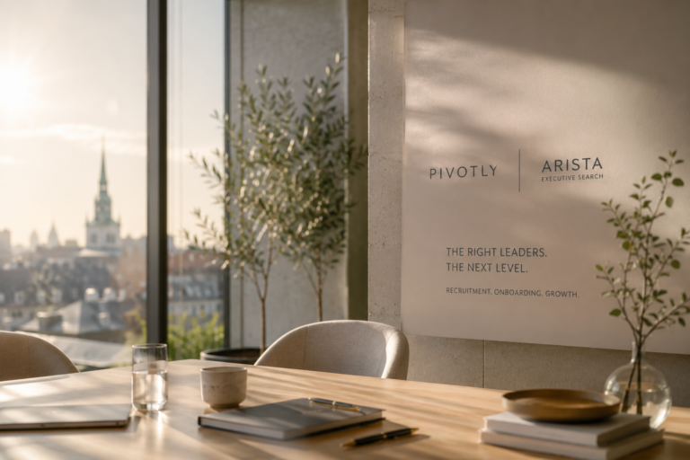 Pivotly ja Arista Executive Searchi koostööd tutvustav silt konverentsiruumis: "The right leaders, the next level"